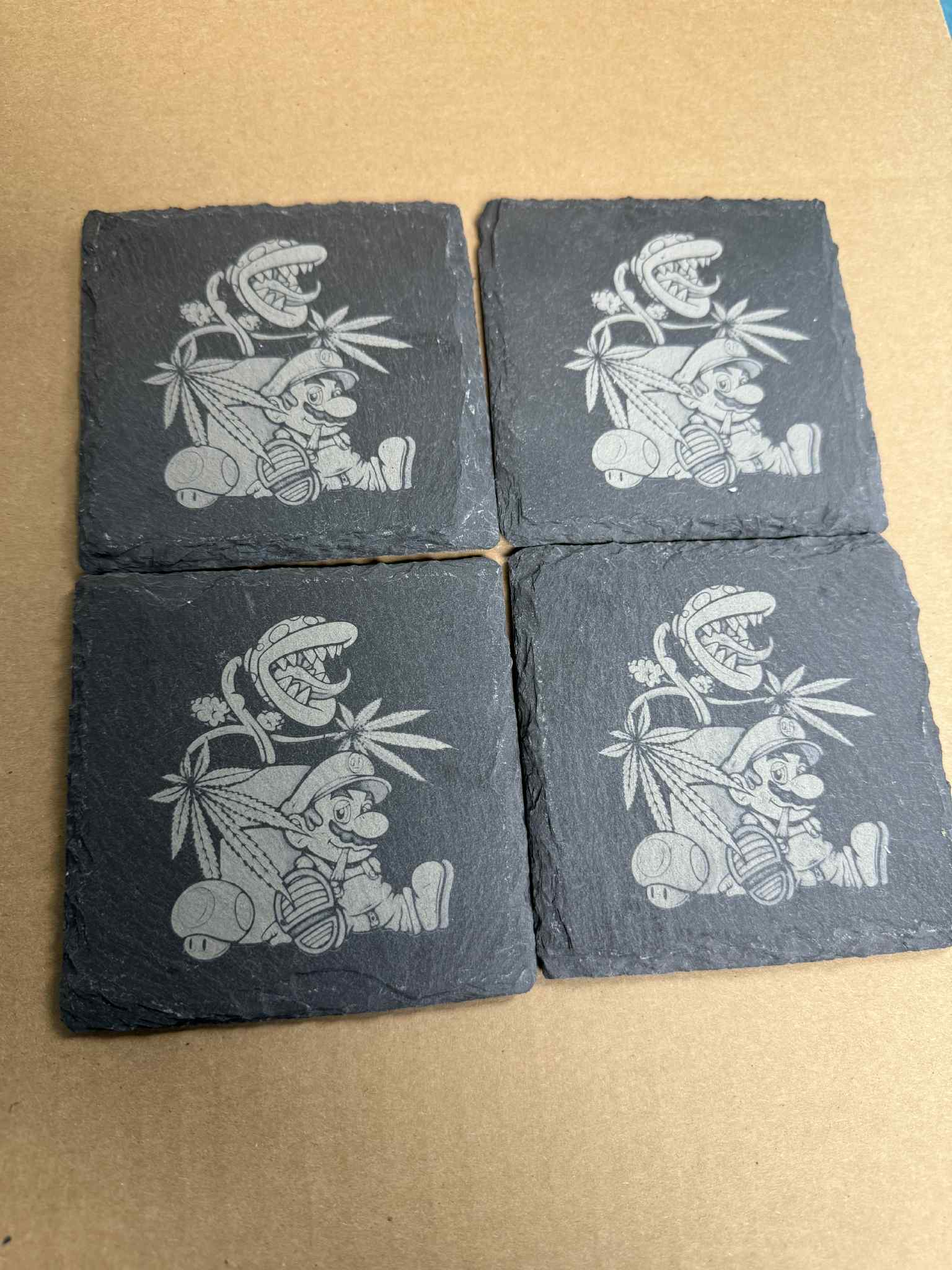 Stoney Super Mario - 4" Square Slate Stone Engraved Coasters