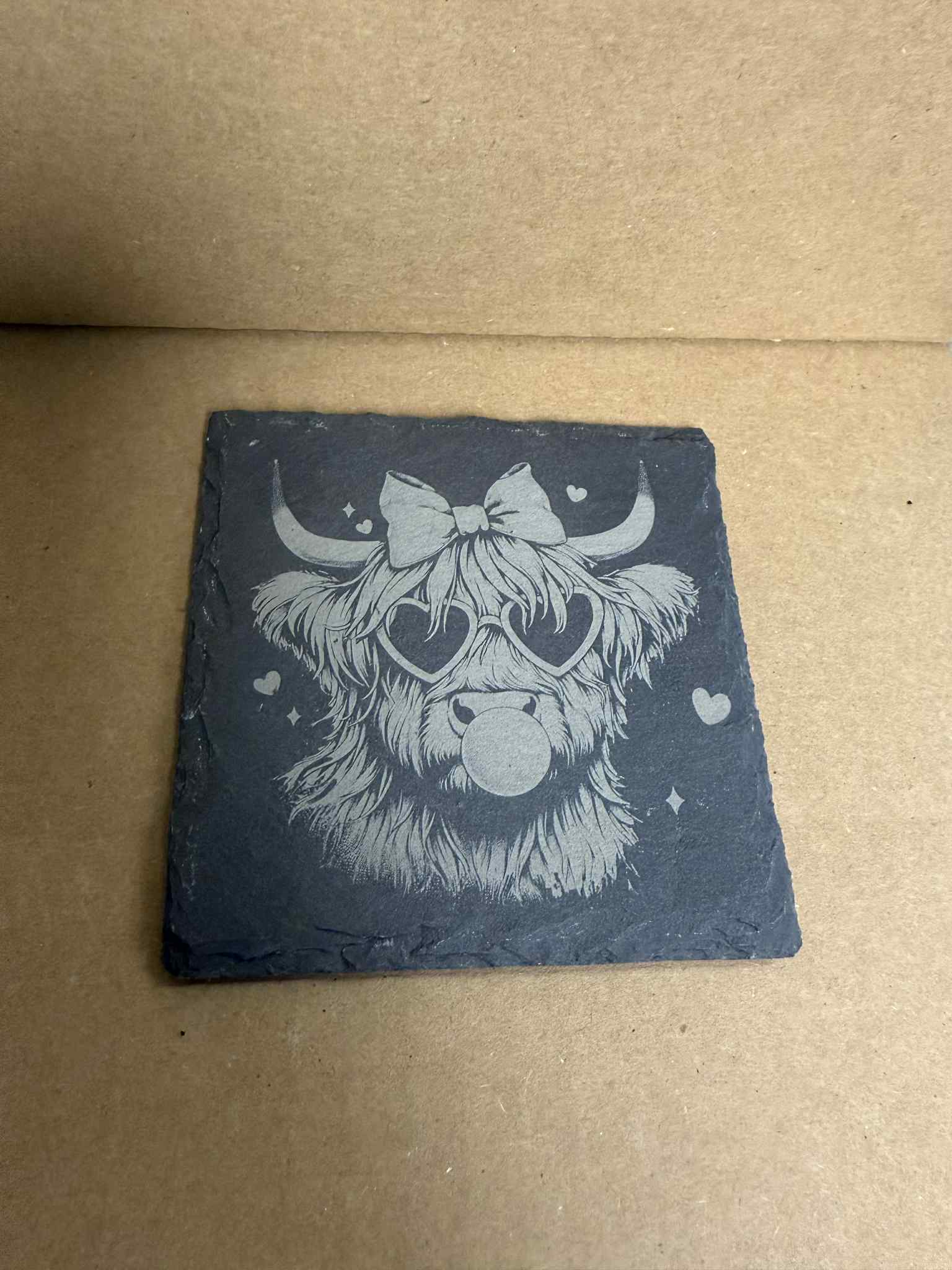 Bubblegum Cow - 4" Square Slate Stone Engraved Coasters