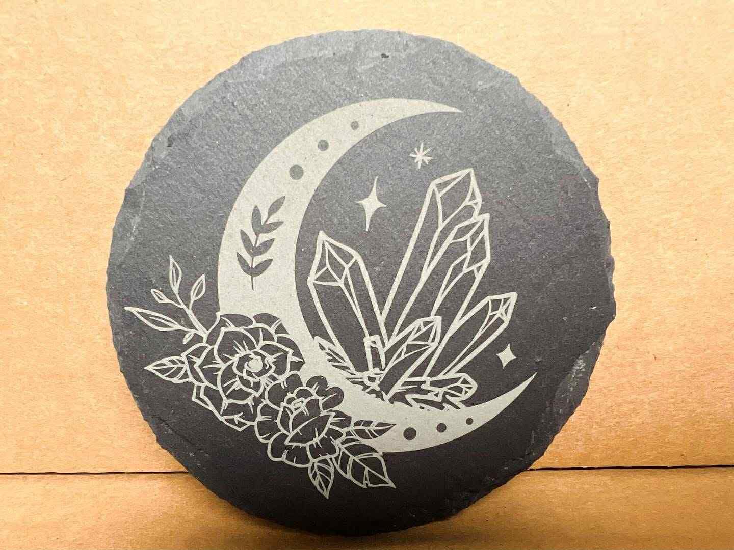 Crystal Moon - 4" Round Slate Stone Engraved Coasters