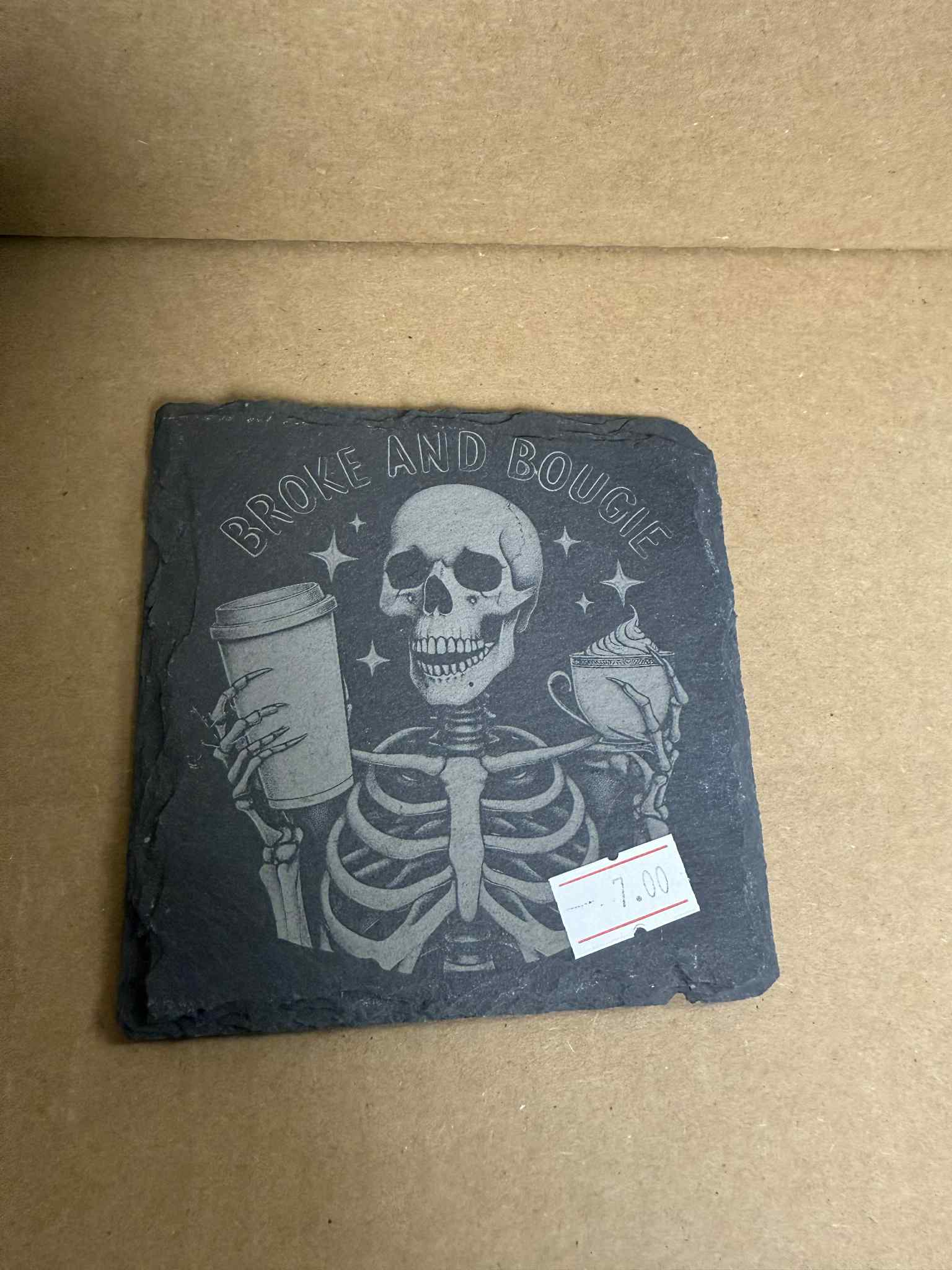 Broke and Bougie Skeleton - 4" Square Slate Stone Engraved Coasters
