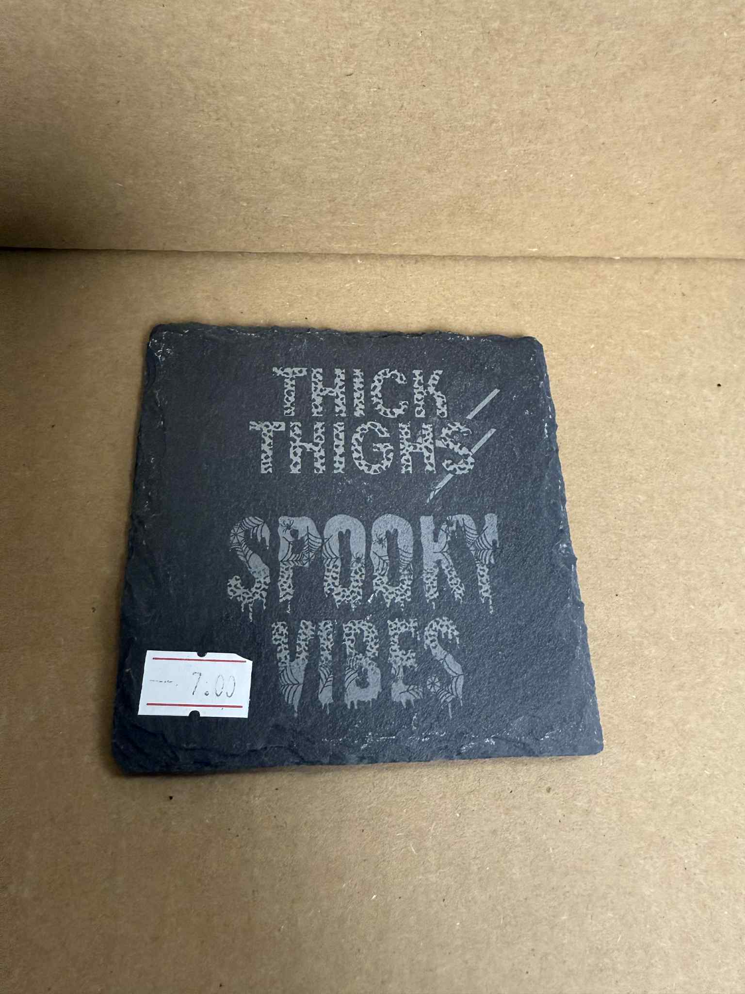 Thick Thighs Spooky Vibes - 4" Square Slate Stone Engraved Coasters
